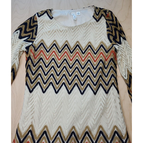 Tacera Womens Size Small Brown Ivory Orange Black Zig Zag Mini Dress Bell Sleeve - Picture 2 of 11